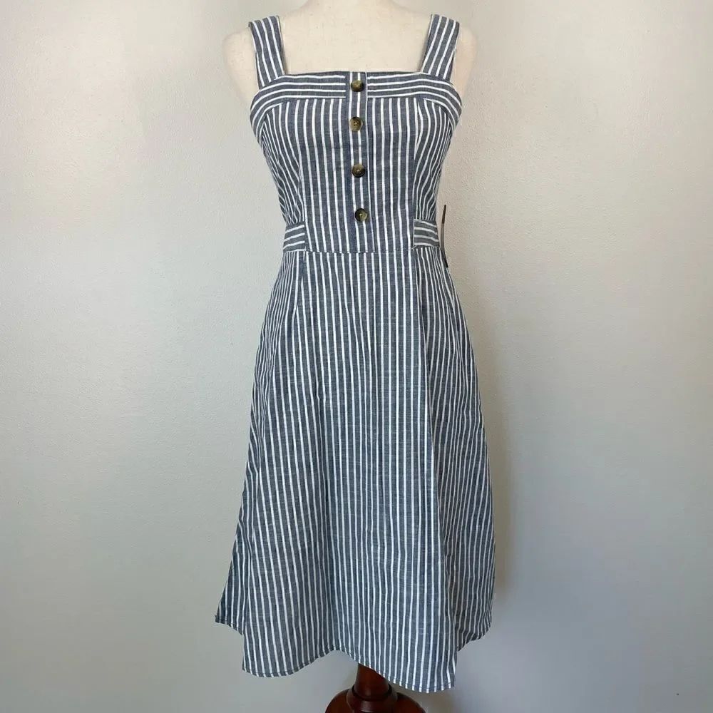 NWT RACHEL Rachel Roy Navy Blue and White Striped Midi Dress Size 2